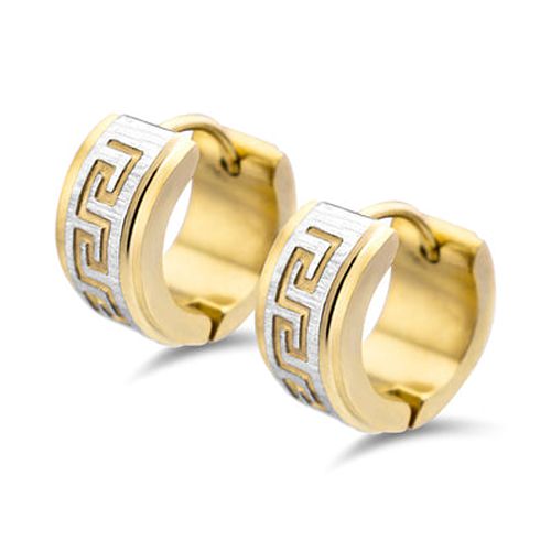 Two-tone Greek Key Steel Huggies